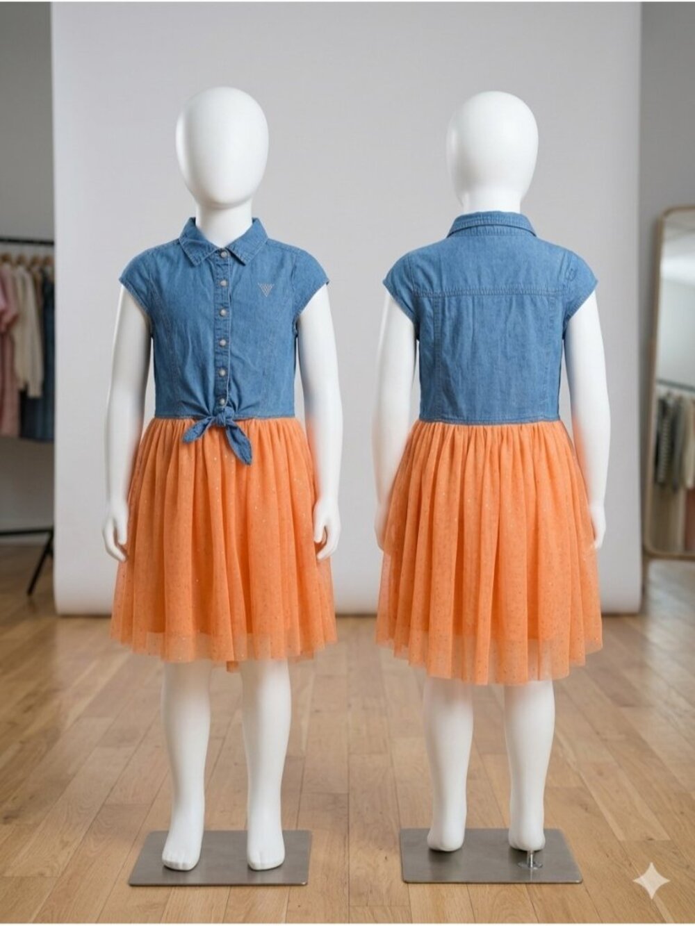 Guess Kids Girls Size 14 L Denim Tie Front Orange Glitter Tulle Skirt Party